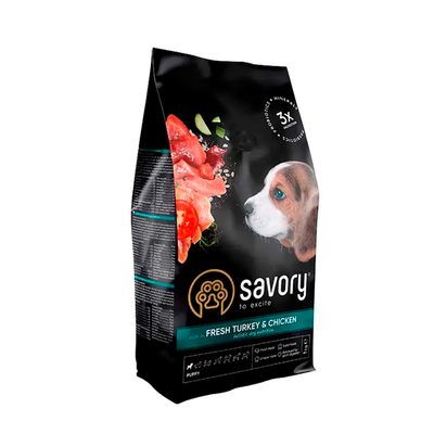 Сухий корм для цуценят Savory 1 кг (індичка та курка) 30280 фото